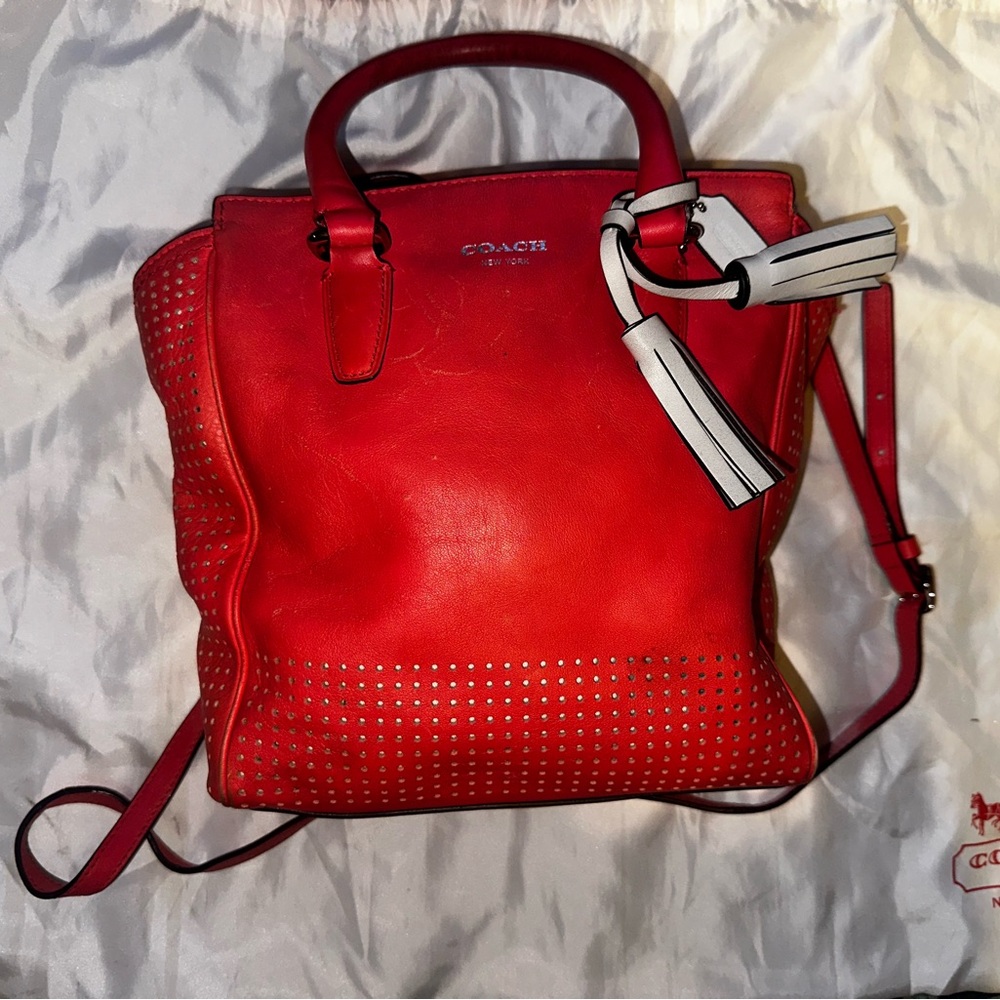 Coach Red Leather Perforated Tote Bag with White Tassel Women’s